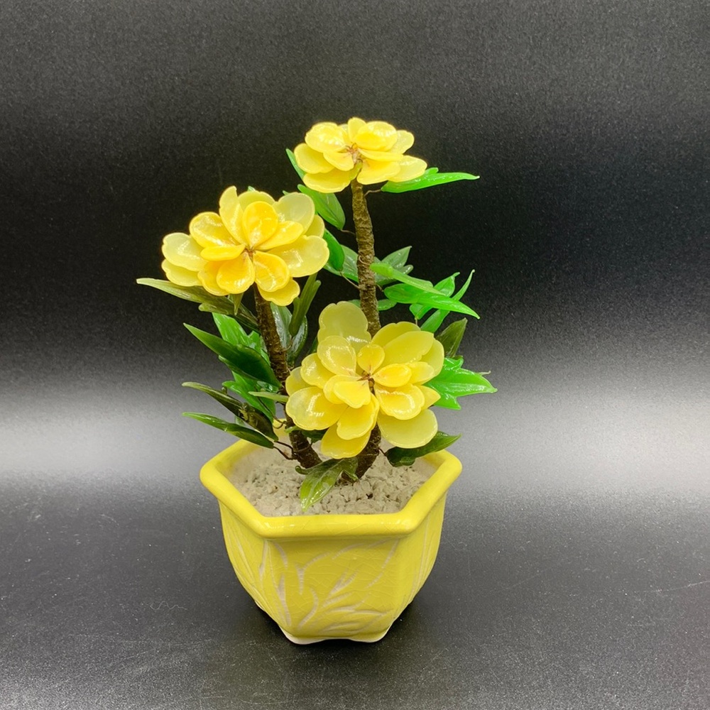 Small Vintage Korean Yellow Floral Jade Glass Stone Engraved Potted Plant
